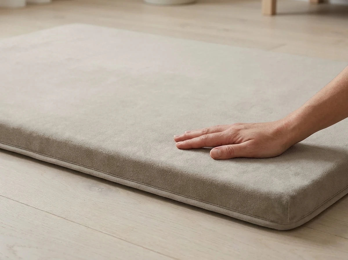 The mat lying flat and alone on a wooden floor, its full rectangle in frame