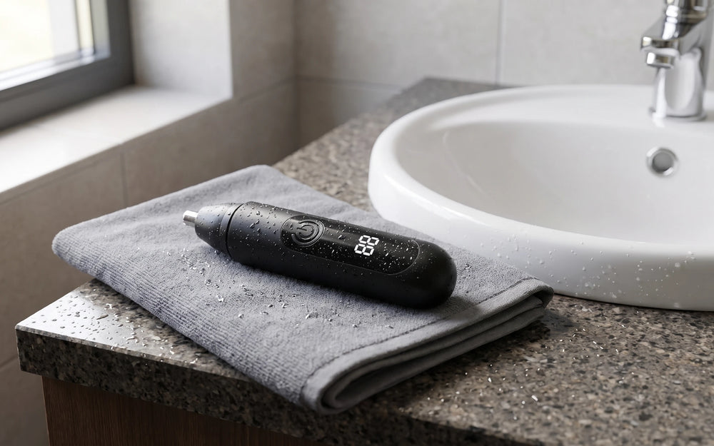 The trimmer resting on a folded towel beside a basin, water droplets on the counter