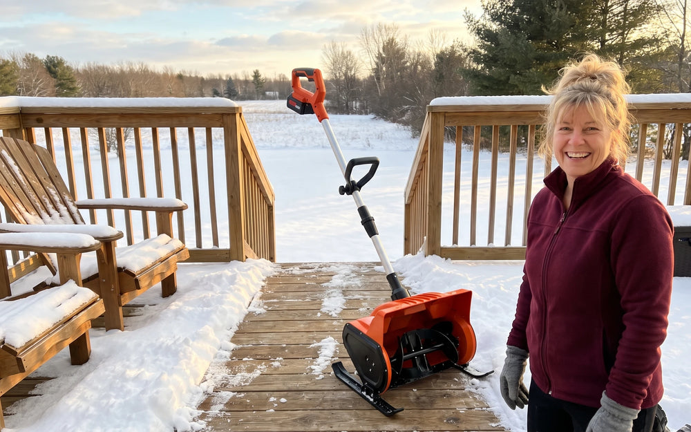 A cleared wooden back deck in warm low afternoon sun, a smiling white woman in a burgundy fleece jacket leaning the orange-and-black snow shovel against the railing, a wide bare stripe of boards from the back door to the steps and two snow-capped Adirondack chairs at the left
