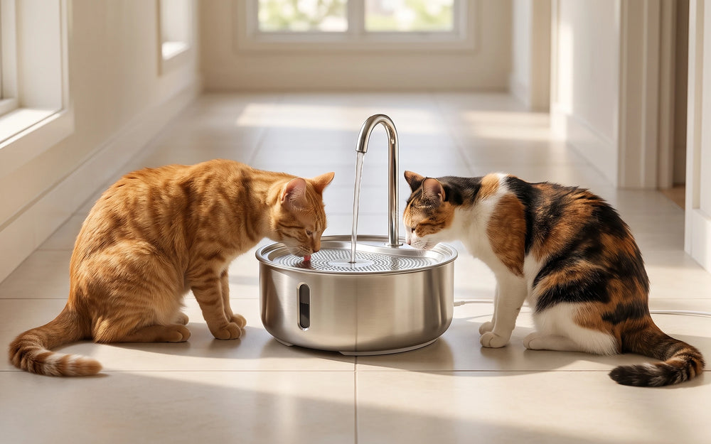 Two cats drinking from the same steel fountain at the same time